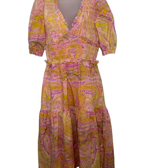 Jessie Zhao Astrid Marble Smocked Midi Dress Pink Yellow Size 2 NWT Cotton - Picture 4 of 6